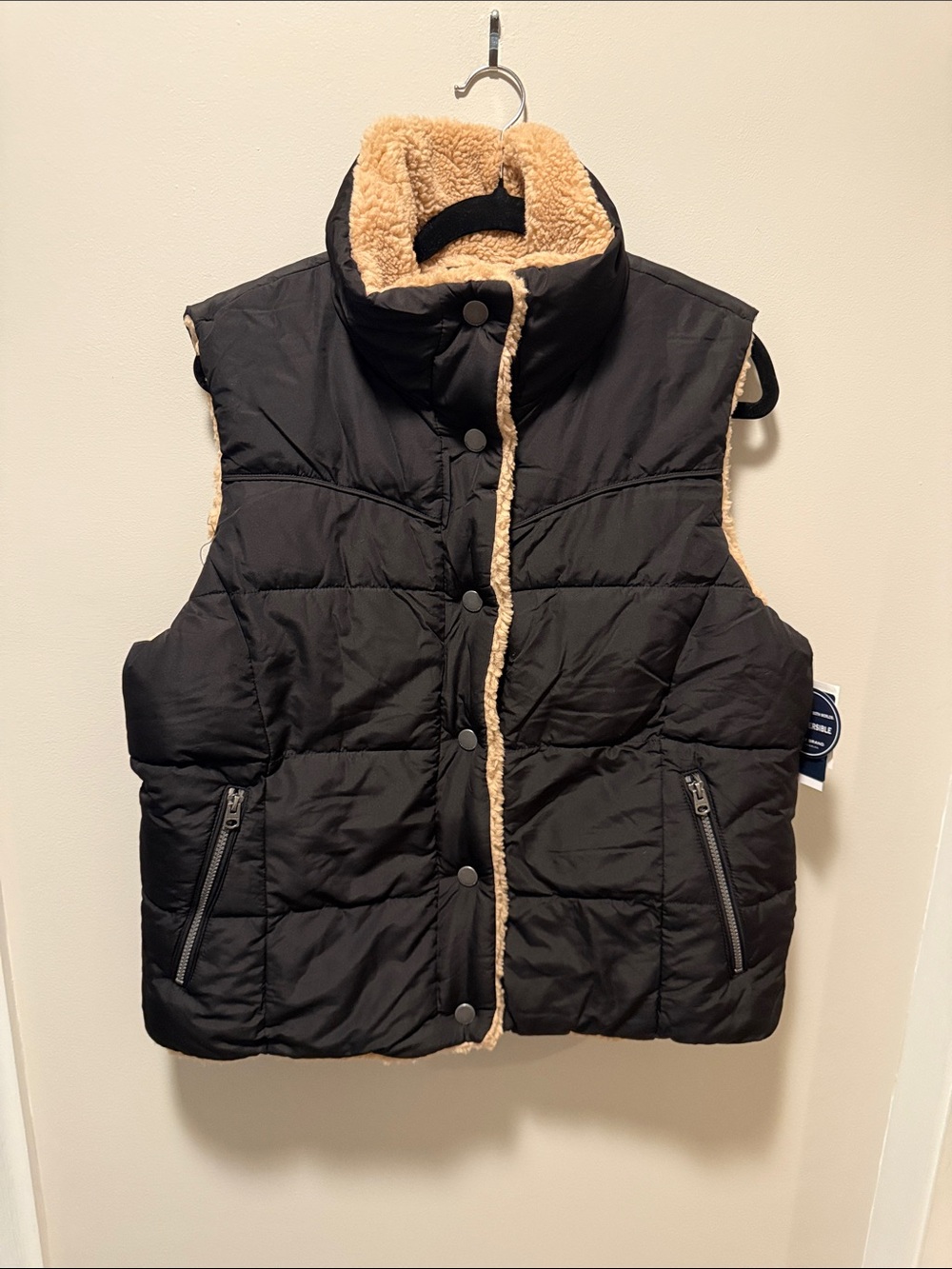 Lucky Brand Black Quilted Puffer Vest with Cream Sherpa Trim